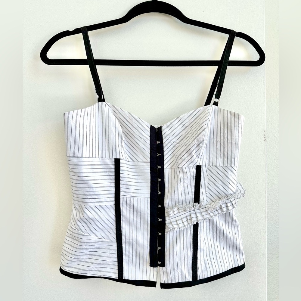 BCBGMaxAzria White Pinstripe Corset Top with Black Trim
